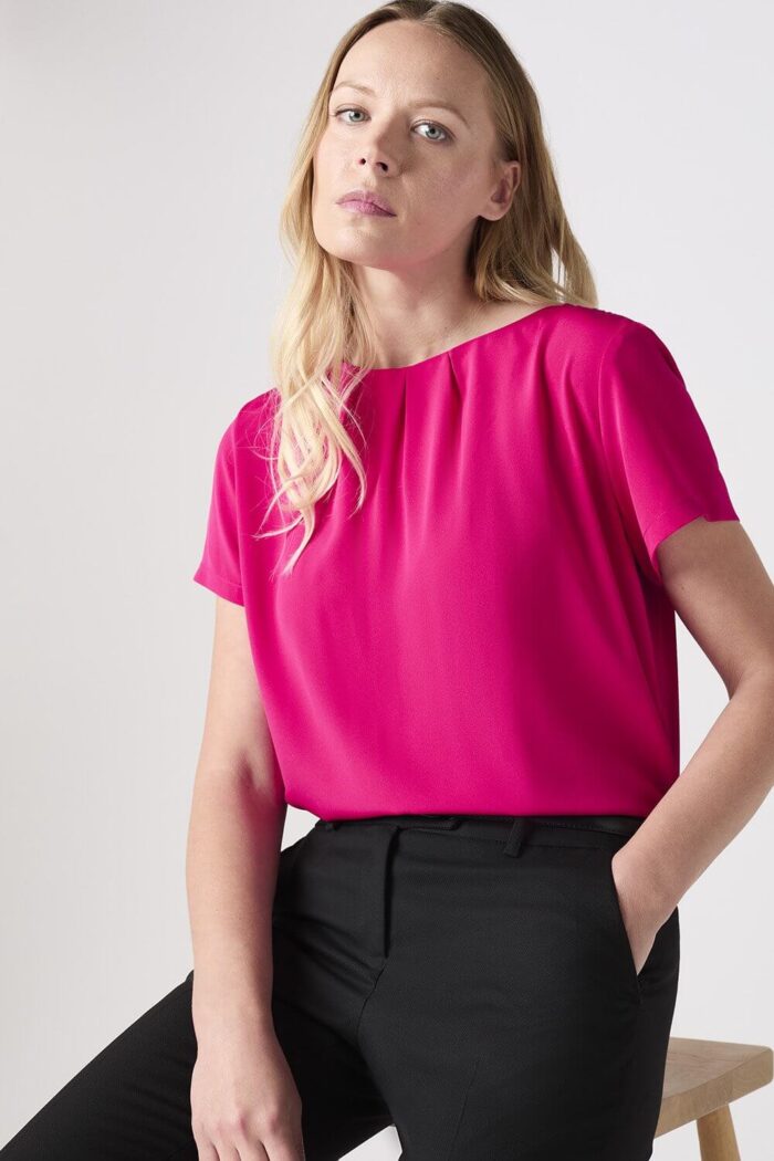 Short Sleeve Pleat Neck Blouse