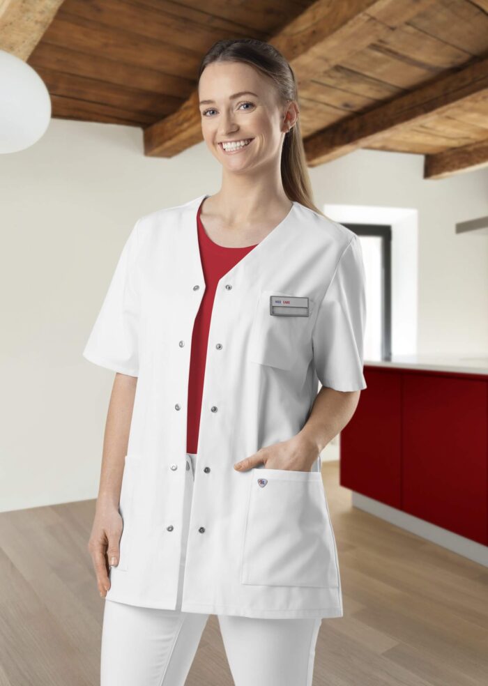BP® women's white medical jacket with press-stud bands